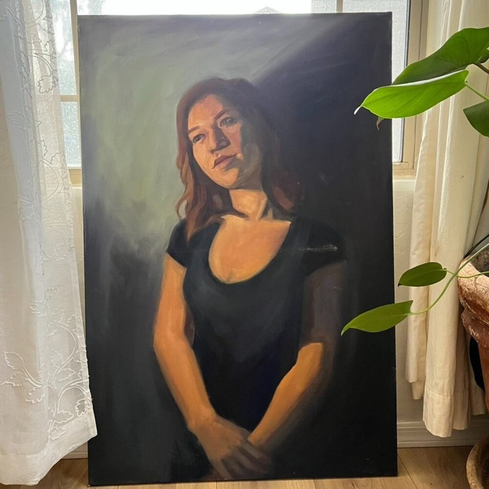 Figurative oil painting on canvas depicting a person muted dark background